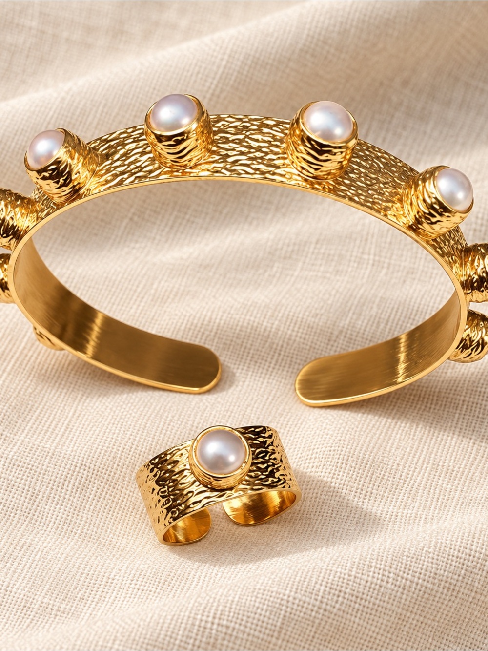 Bubu Shop Gold Pearl Accent Cuff Bracelet and Ring Set - Women Jewelry New